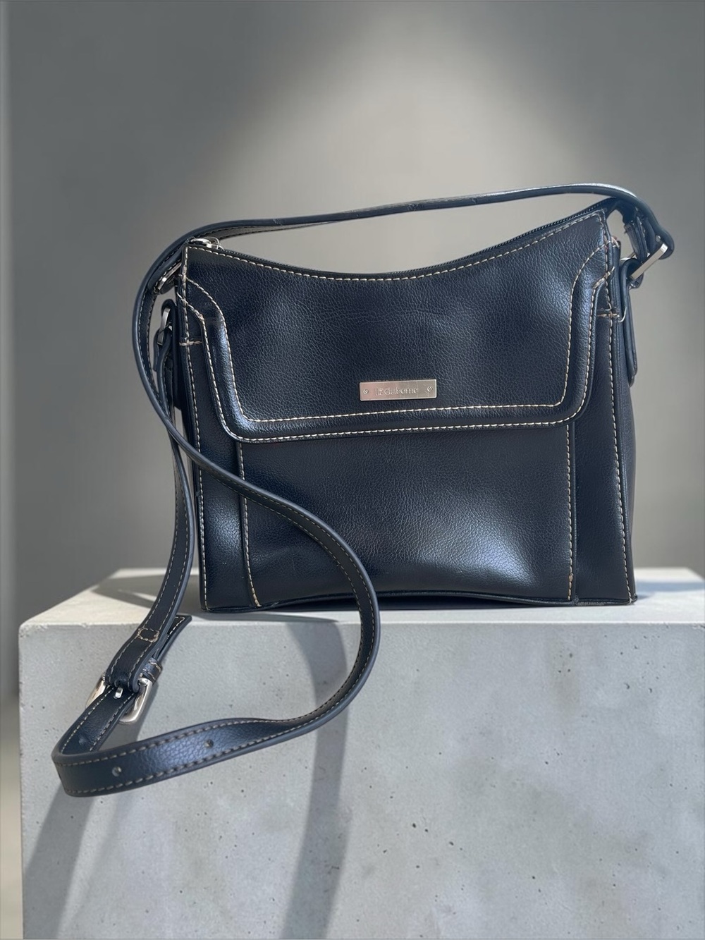 Vintage Liz Claiborne Black Faux Leather Crossbody Bag w Built-In Wallet